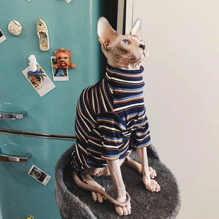 A stylish cotton sweater with a vibrant printed design and a coordinating necklace accessory, perfect for keeping your cat warm and fashionable.