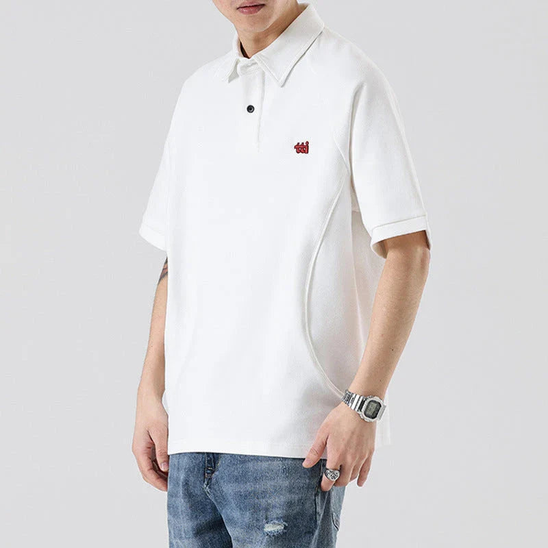 Retro Short Sleeve Men's T-shirt with Embroidered Design in Dark Brown, White, and Grey Colours