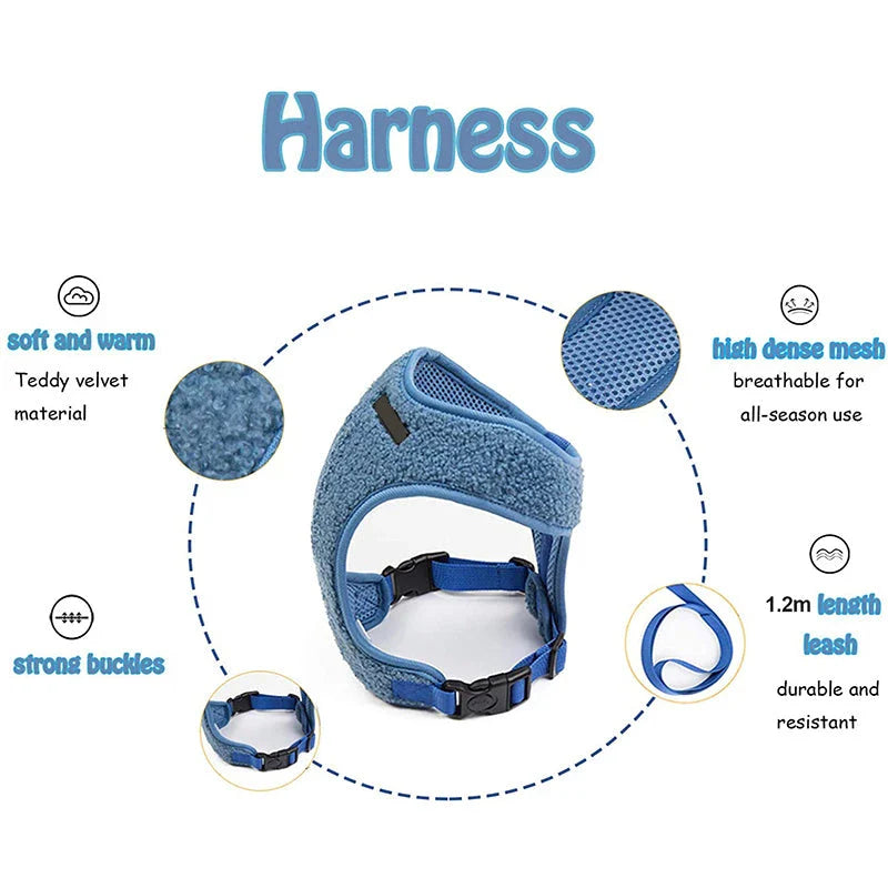 Adjustable breathable fleece dog harness and leash set in various sizes and colours
