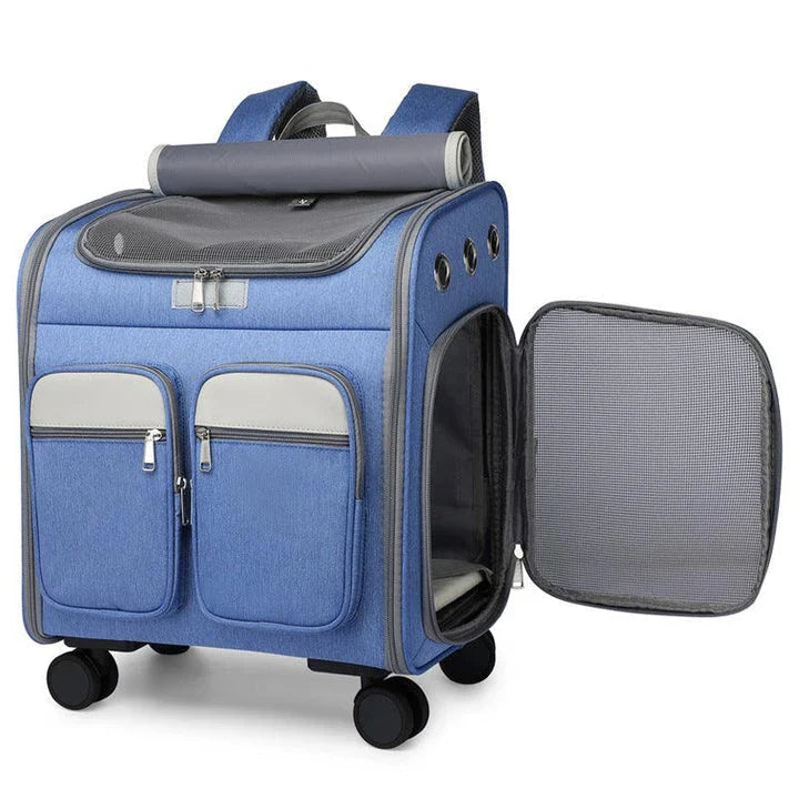 Convenient pet carrier trolley in blue colour, designed with a folding mechanism for easy transport and storage