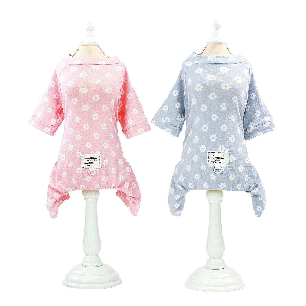 Floral cotton dog jumpsuit in blue and pink hues, providing comfort and style for your canine companion