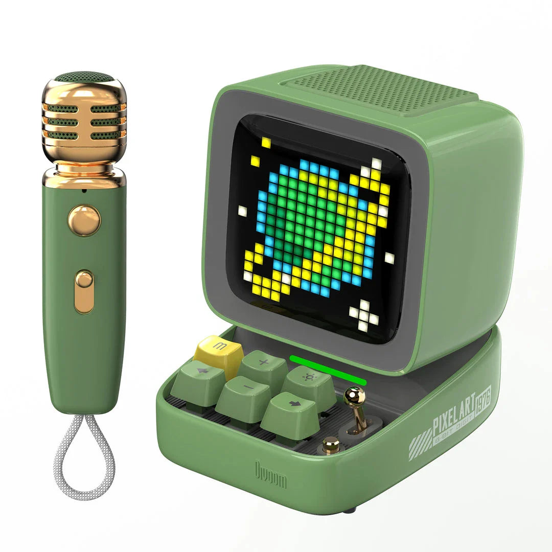 Ditoo-Mic Bluetooth Speaker with pixel art display, karaoke microphone, and retro design