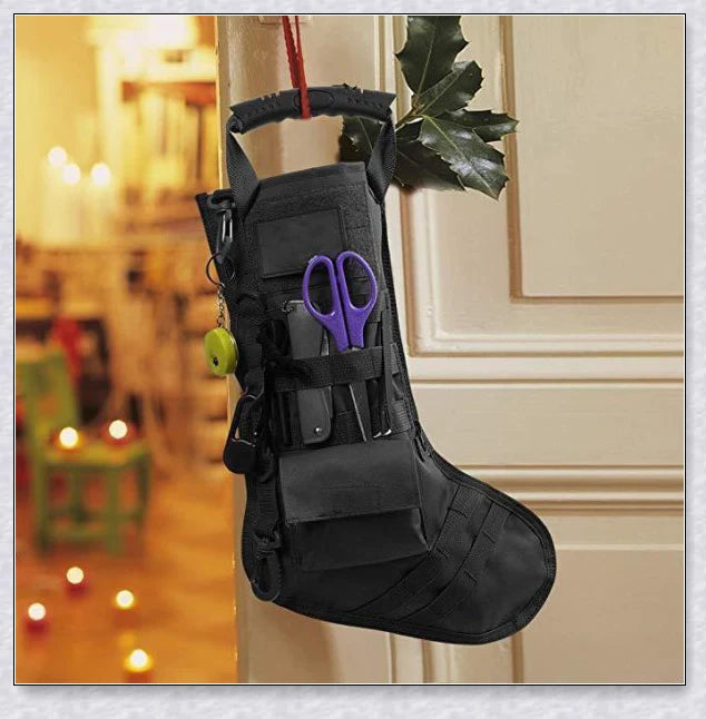 Elite Tactical Christmas Stocking with vertical zipper, carry handle, and customisable storage pouch, perfect for outdoor and tactical gear enthusiasts in the UK