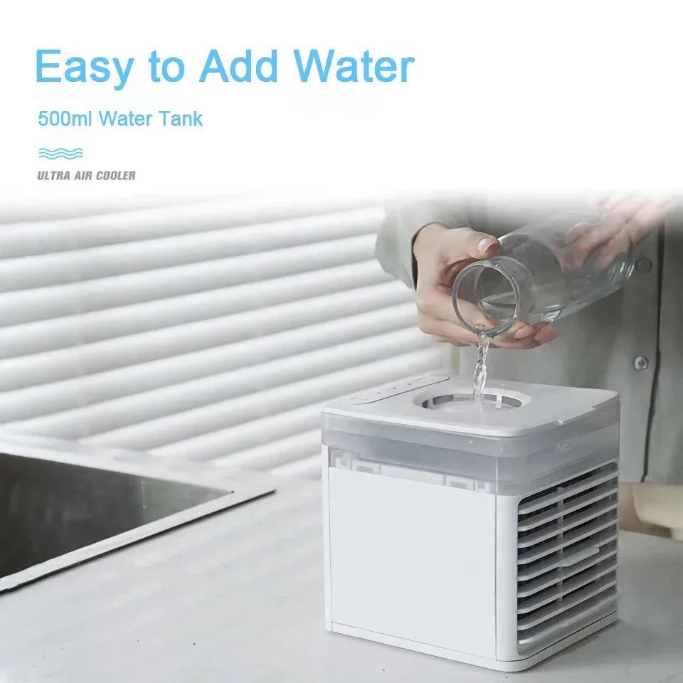 Portable USB air cooler with humidifier and LED lighting for personal cooling and comfort