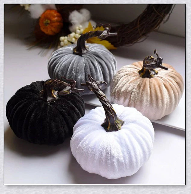 Punki Mini Velvet Halloween Pumpkins in various autumn colours, including orange, burgundy, green, and navy.