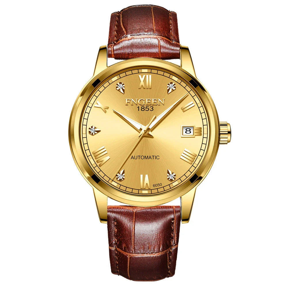 Premium automatic mechanical watch with leather strap, featuring a stainless steel case, luminous hands and markers, and a stylish British-inspired design