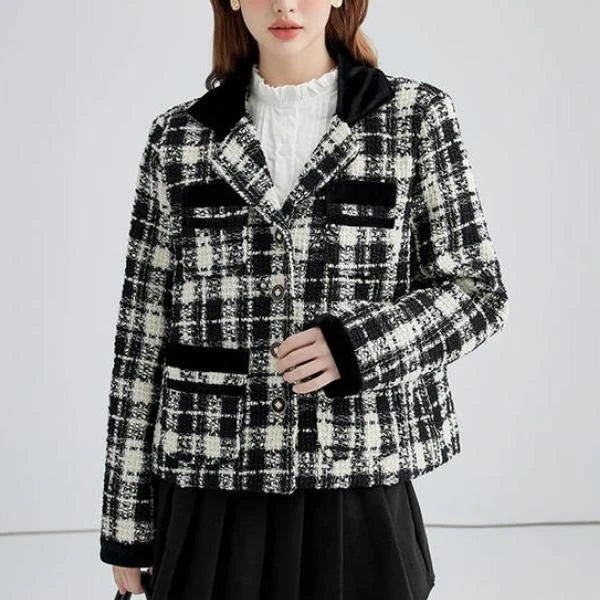 Stylish plaid contrast woollen women's short jacket in United Kingdom fashion