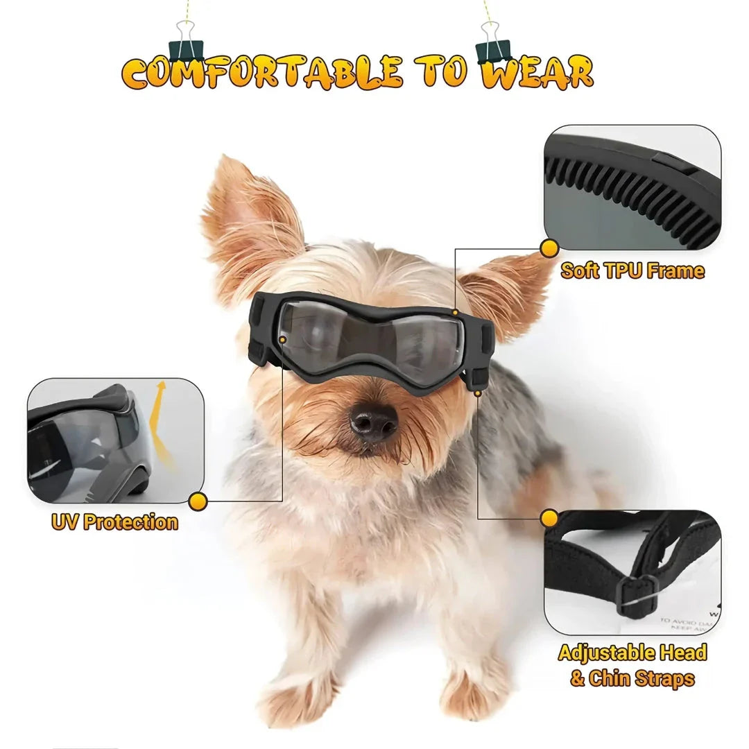 Small orange dog goggles with adjustable elastic straps and UV-blocking polycarbonate lenses