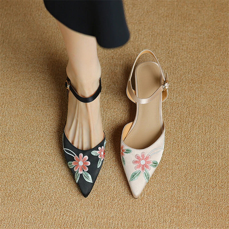 Elegant Embroidered Pointed Toe Sandals with Spike Heels in Black