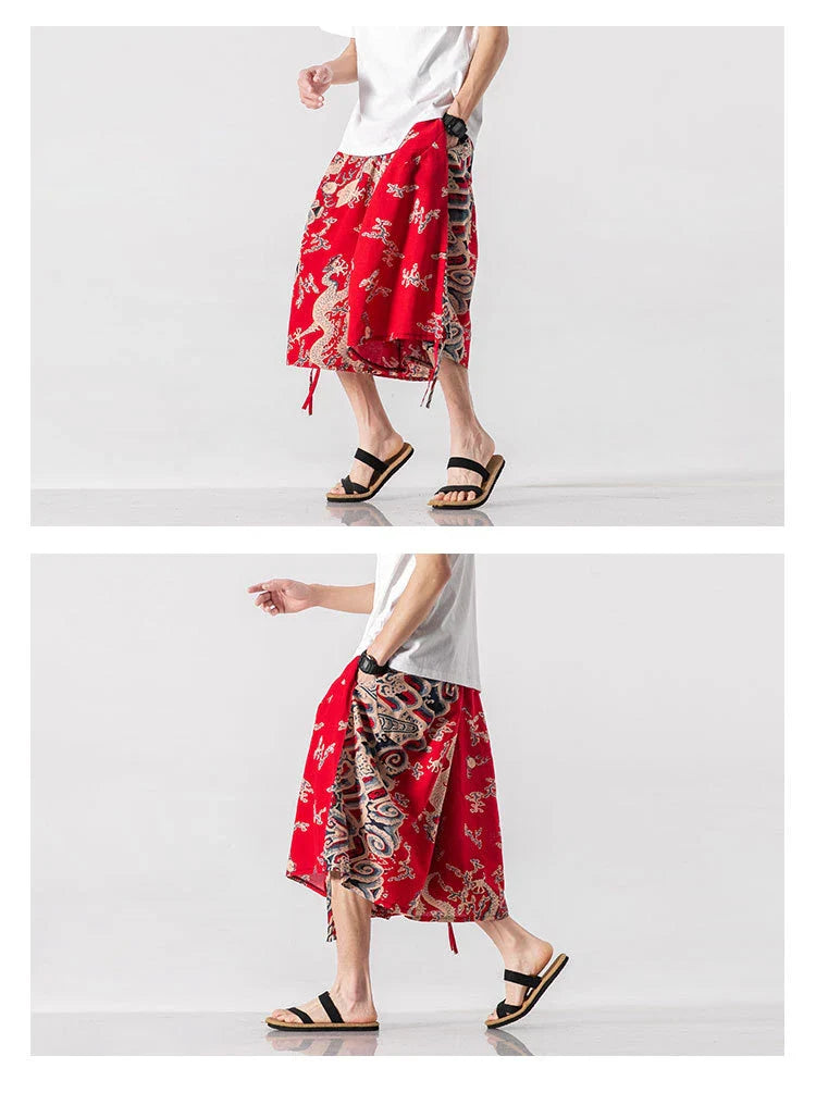 Men's loose-fitting Chinese-inspired cropped pants with a dragon or elephant floral pattern in navy blue, red, or coffee colours