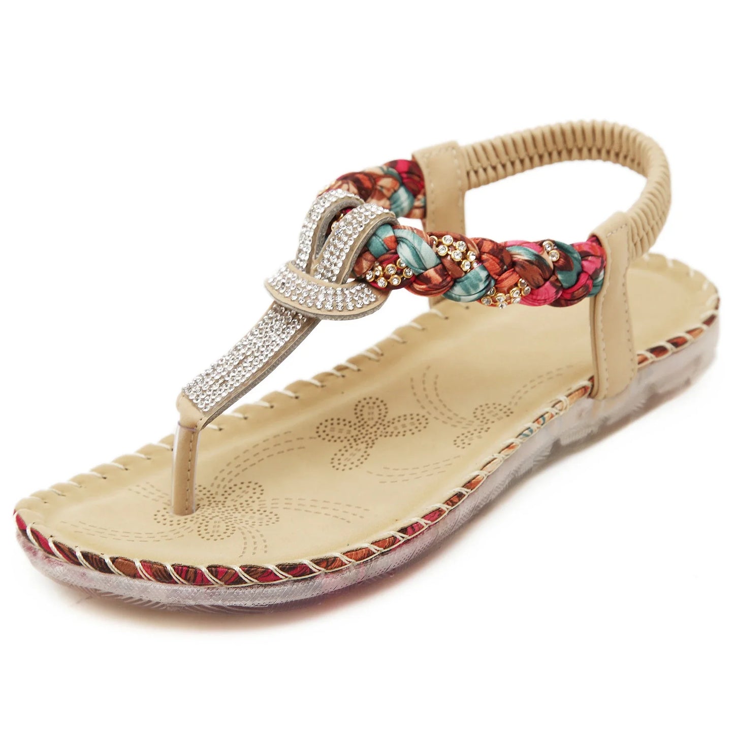 Stylish low-top toe sandals with two-layer leather upper, raw rubber sole, and rhinestone embellishments for chic British fashion