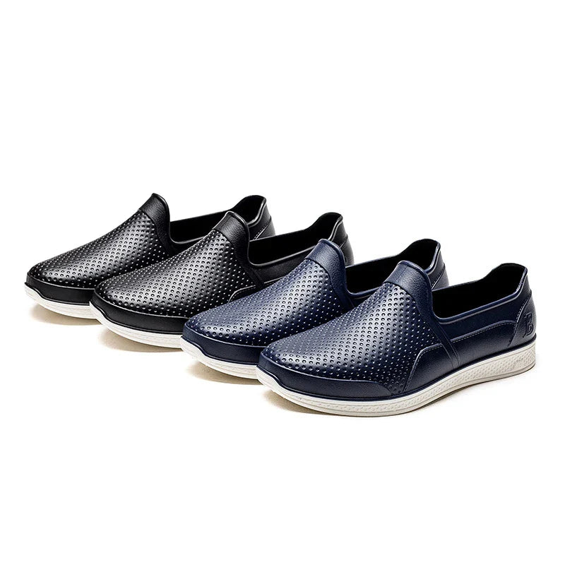 Stylish waterproof rain boots for men, featuring a unique design and durable construction for comfortable wear in wet weather.