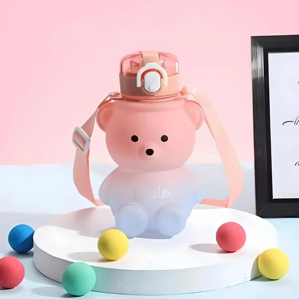 Charming gradient bear-patterned reusable water bottle with straw for convenient hydration on the go