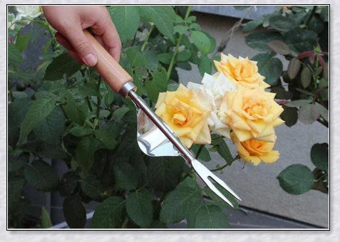 Premium British stainless steel manual weed puller with curved metal base and sharp forks for easy weed removal