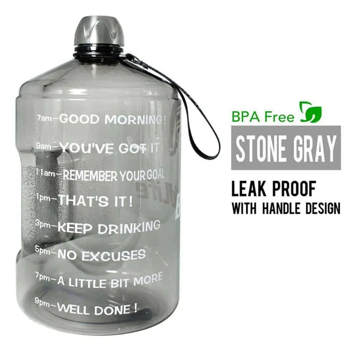 Premium customized gallon water bottle with time tracker markings, available in multiple vibrant colours