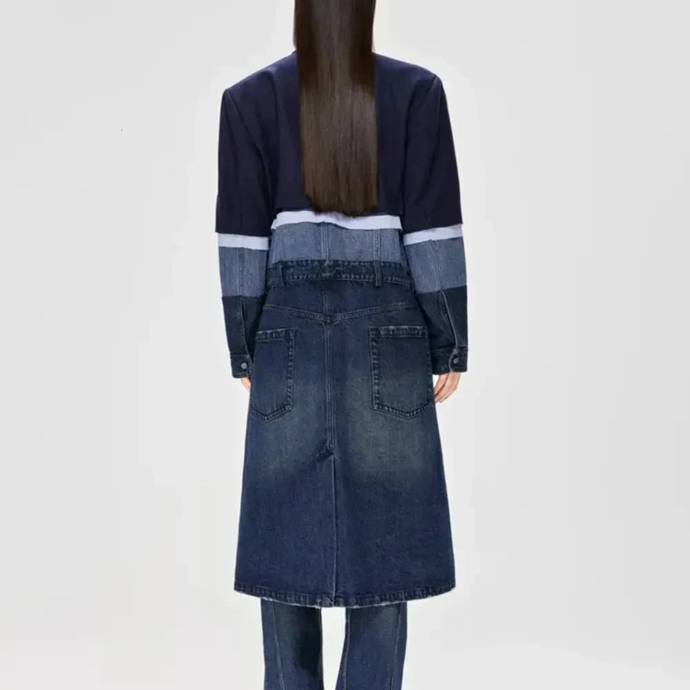 A stylish patchwork denim trench coat with a classic silhouette and a modern edge, perfect for the autumn and winter seasons.