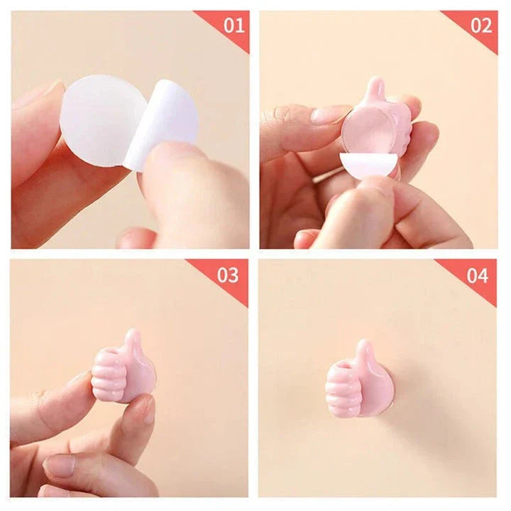 Hand-shaped silicone hooks in blue colour, used to organise desks, bathrooms, and cars