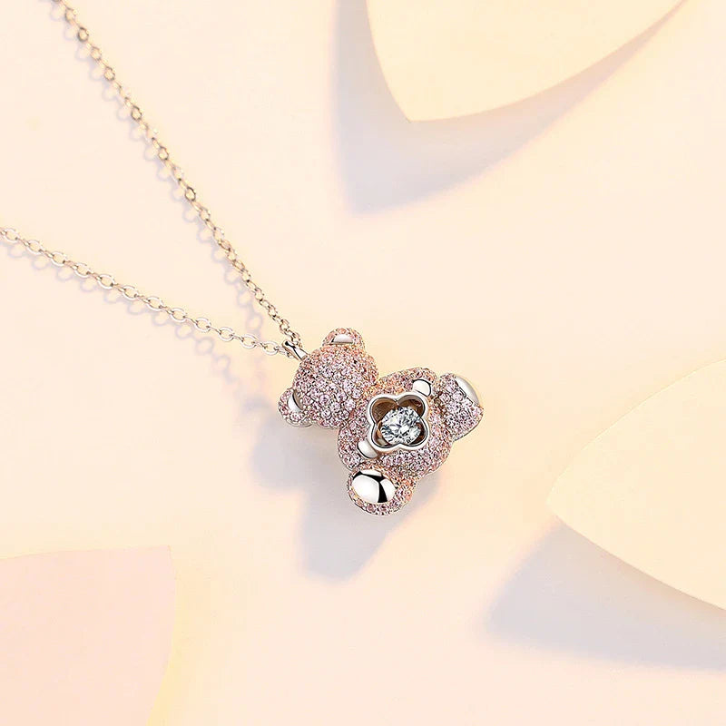 Clavicle chain necklace with a charming bear pendant and sparkling zircon stones, made from high-quality 925 sterling silver