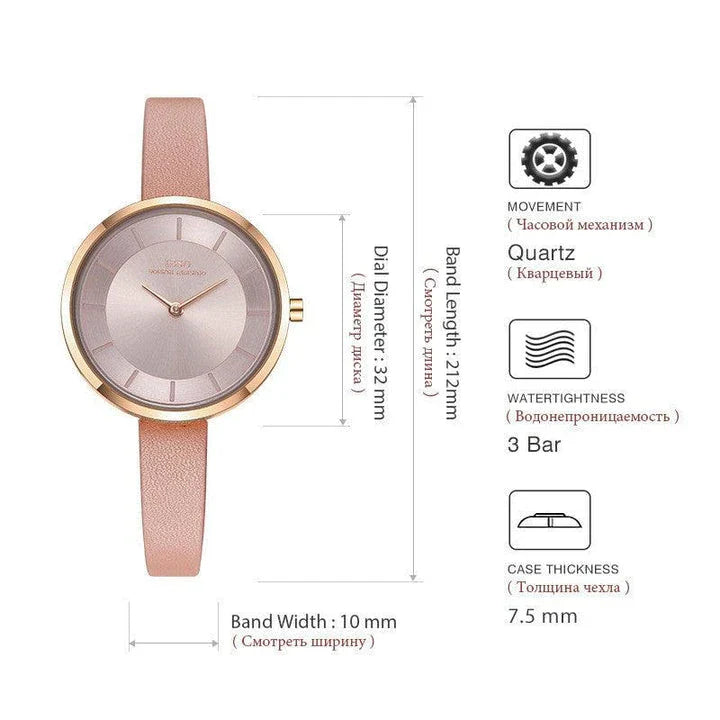 Stylish slim ladies' waterproof watch in various colours, including black, tan, grey, and white, with rose gold or silver accents.