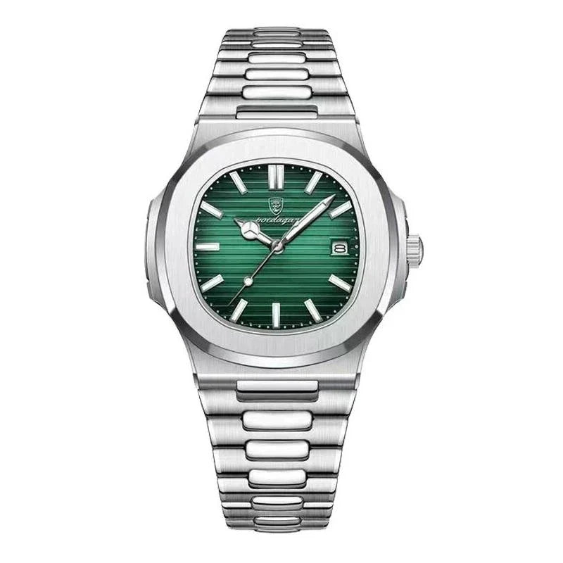 Refined Square Quartz Timepiece with stainless steel band, luminous hands, and water resistance up to 30 metres