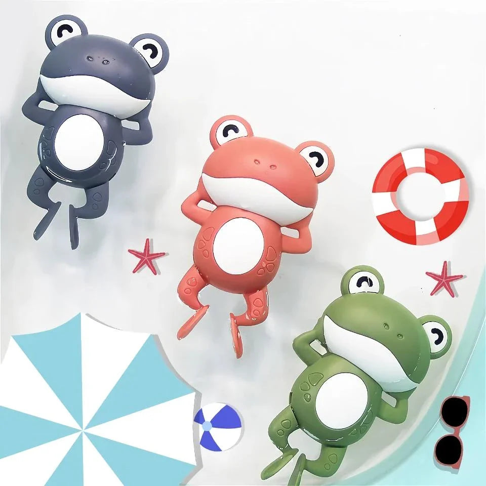 Adorable clockwork-powered frog bath toy with smooth edges for safe, fun playtime in the tub or pool