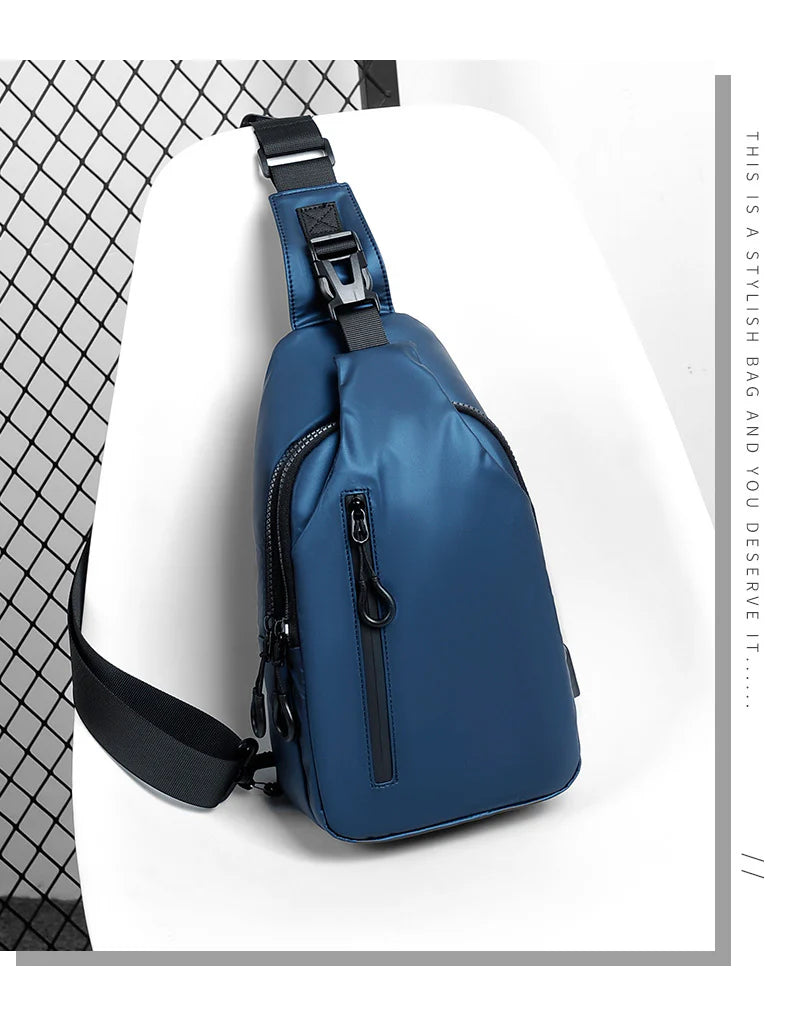 Versatile blue sling crossbody backpack for men with adjustable strap and spacious interior