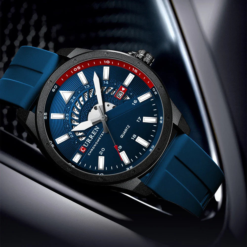 Stylish men's quartz watch with a sleek, round case and a comfortable silicone strap in blue colour