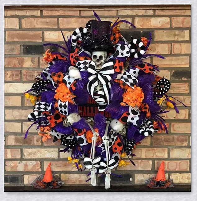 A captivating Halloween wreath featuring a purple skull design, perfect for adding eerie elegance to any home.