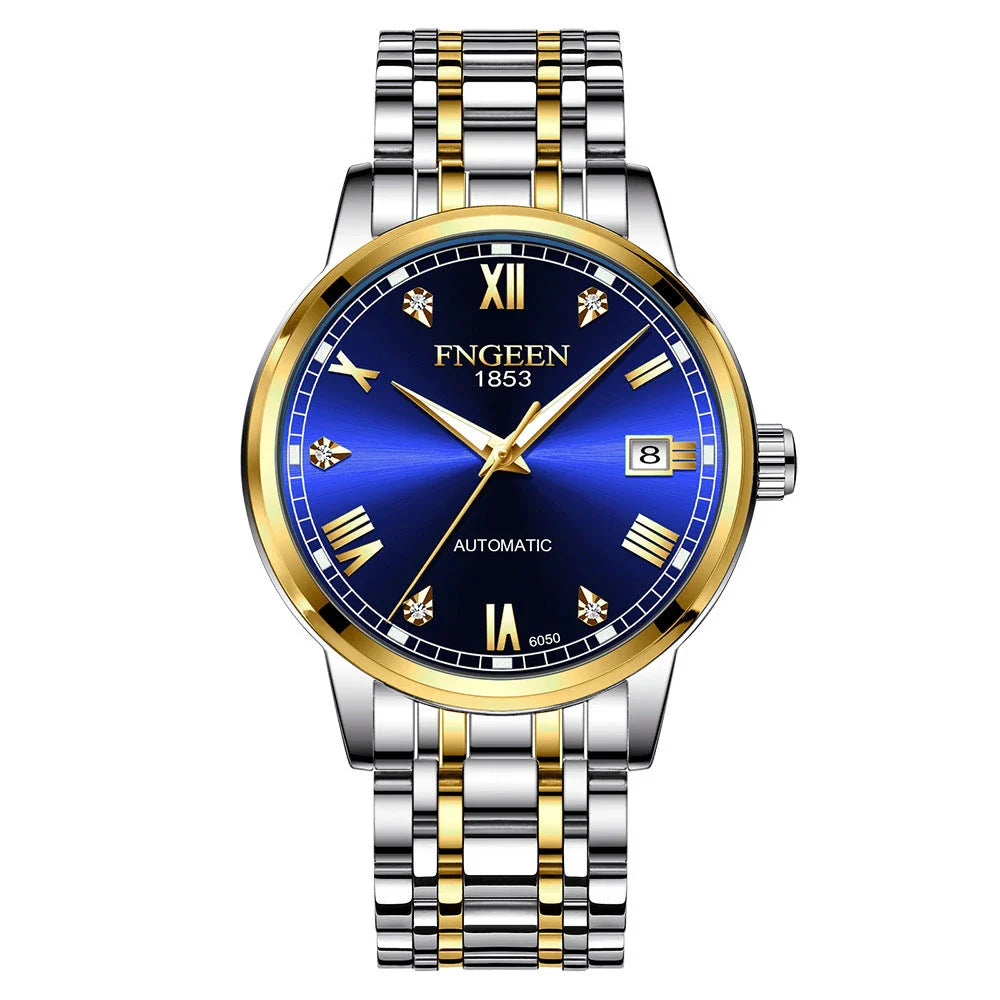 Premium automatic mechanical watch with leather strap, featuring a stainless steel case, luminous hands and markers, and a stylish British-inspired design