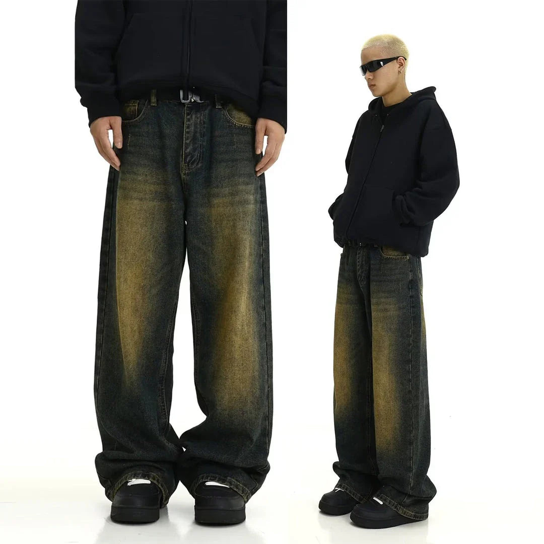 Premium retro blue vintage-inspired men's jeans with relaxed fit and sustainable cotton construction