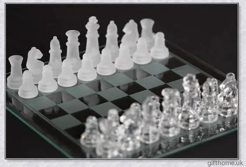 Acrylic Elegant Glass Chess Set with transparent board and frosted/clear glass pieces in small, medium and large sizes