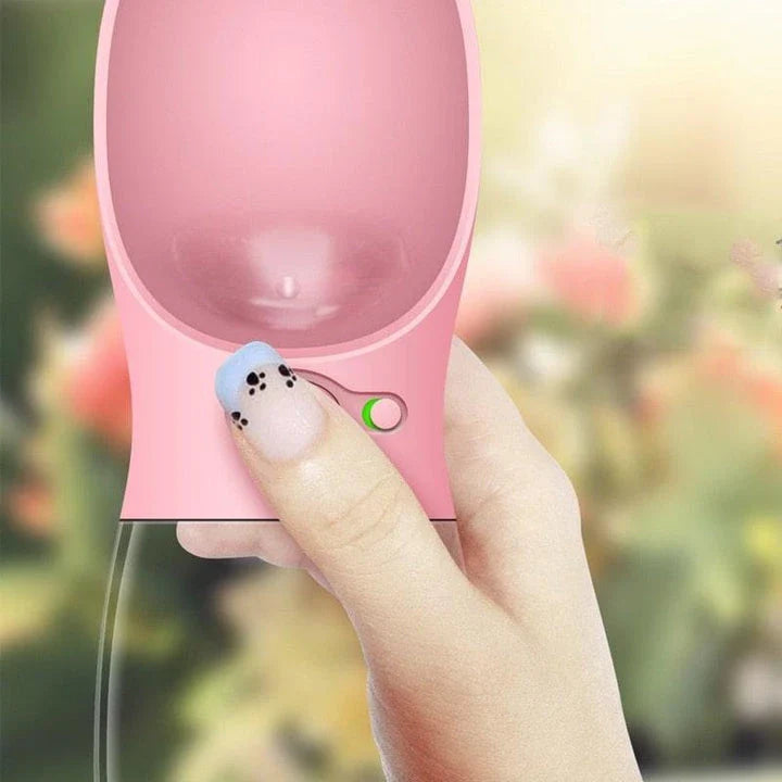 A leak-proof, portable pet water bottle in turquoise colour with a one-hand release button and locking mechanism