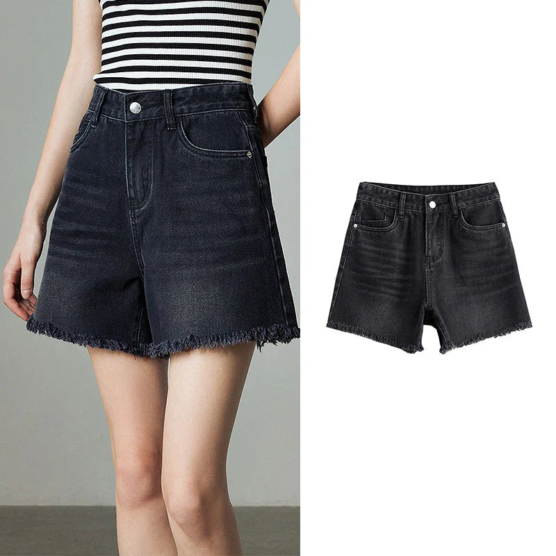 Vintage-inspired high-waisted denim shorts with tassel detailing for women