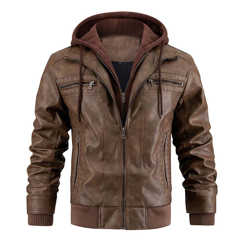 A stylish hooded PU jacket in black, designed for warm winter wear with practical features and a tailored fit.