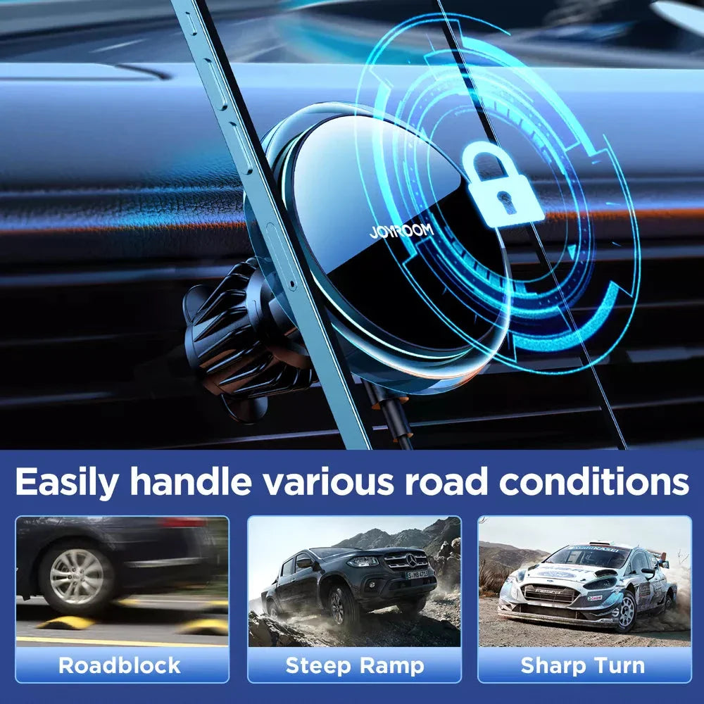 Magnetic wireless car charger in black with CD pattern mirror surface and blue LED lighting