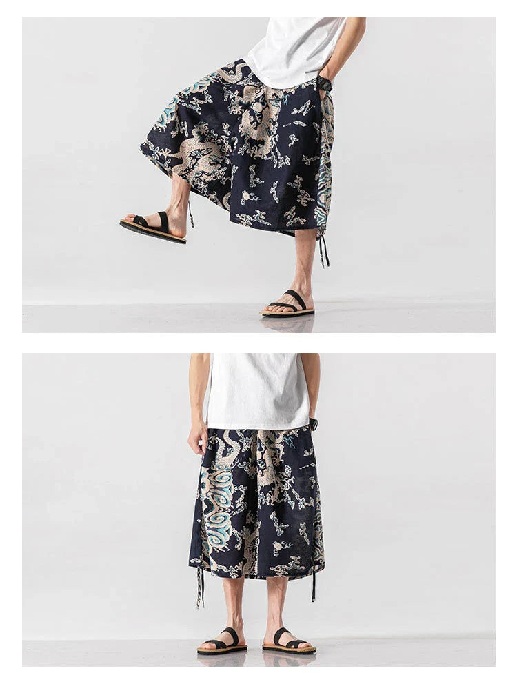 Men's loose-fitting Chinese-inspired cropped pants with a dragon or elephant floral pattern in navy blue, red, or coffee colours