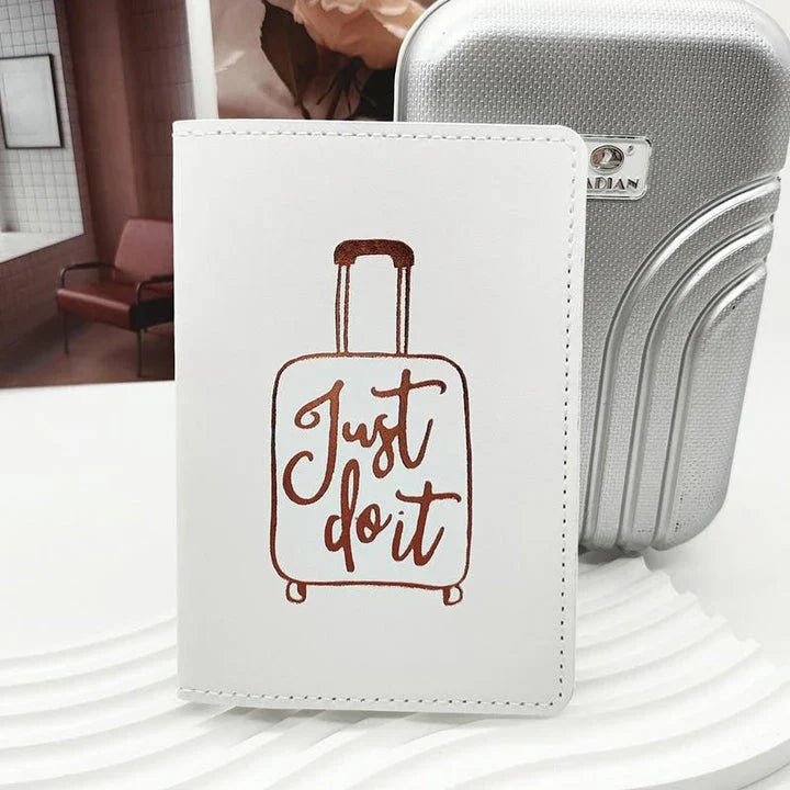 Premium PU leather passport cover in rose gold colour with subtle letter pattern, designed for stylish and organised travel