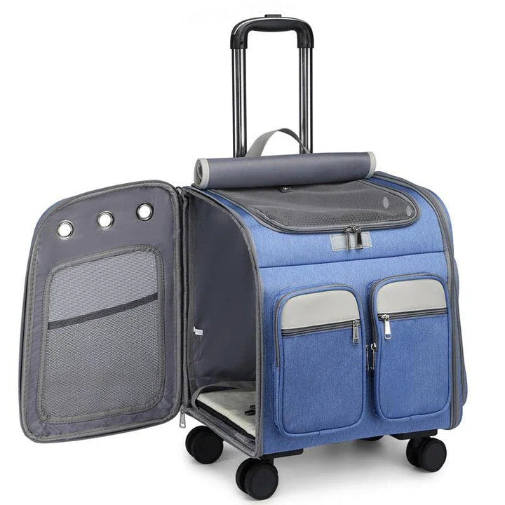 Convenient pet carrier trolley in blue colour, designed with a folding mechanism for easy transport and storage