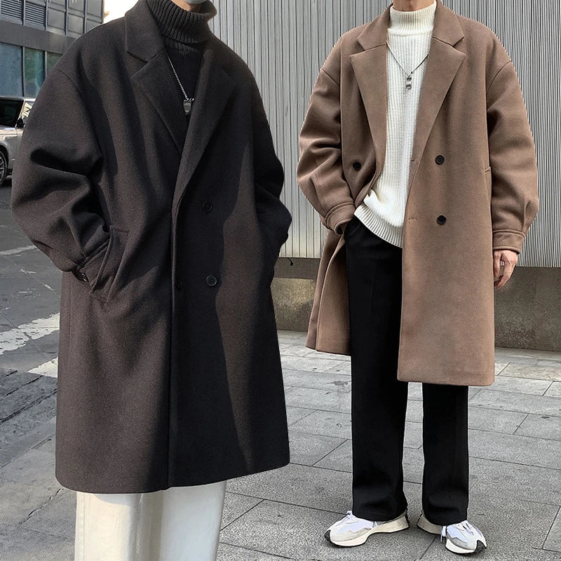Elegant and Warm Oversized Long Coat in premium polyester fabric with suit collar and double-breasted closure