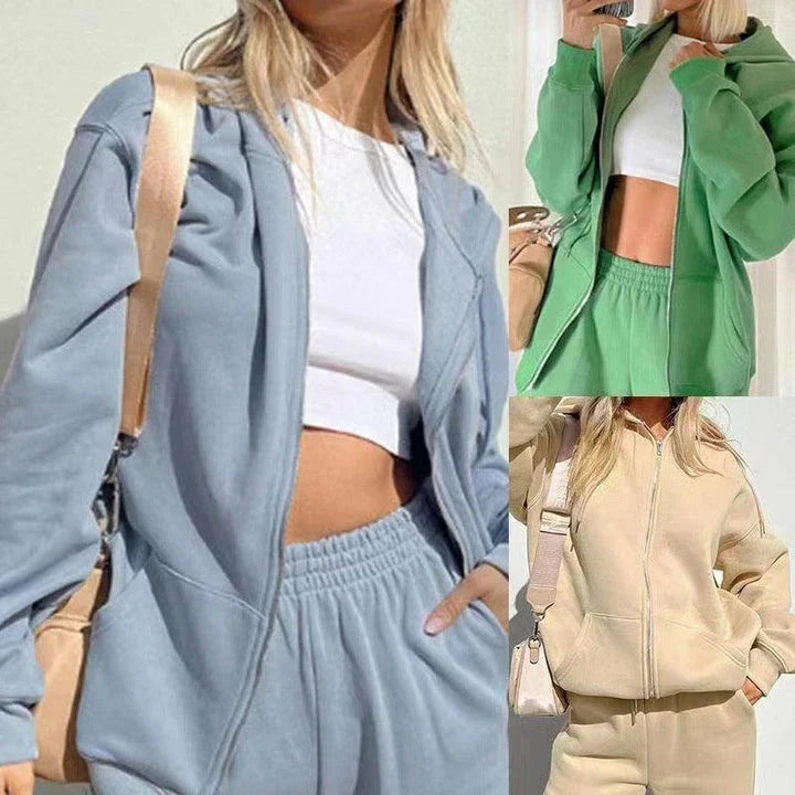 Premium hooded sportswear jogger trousers for women in khaki, green, and light blue colours