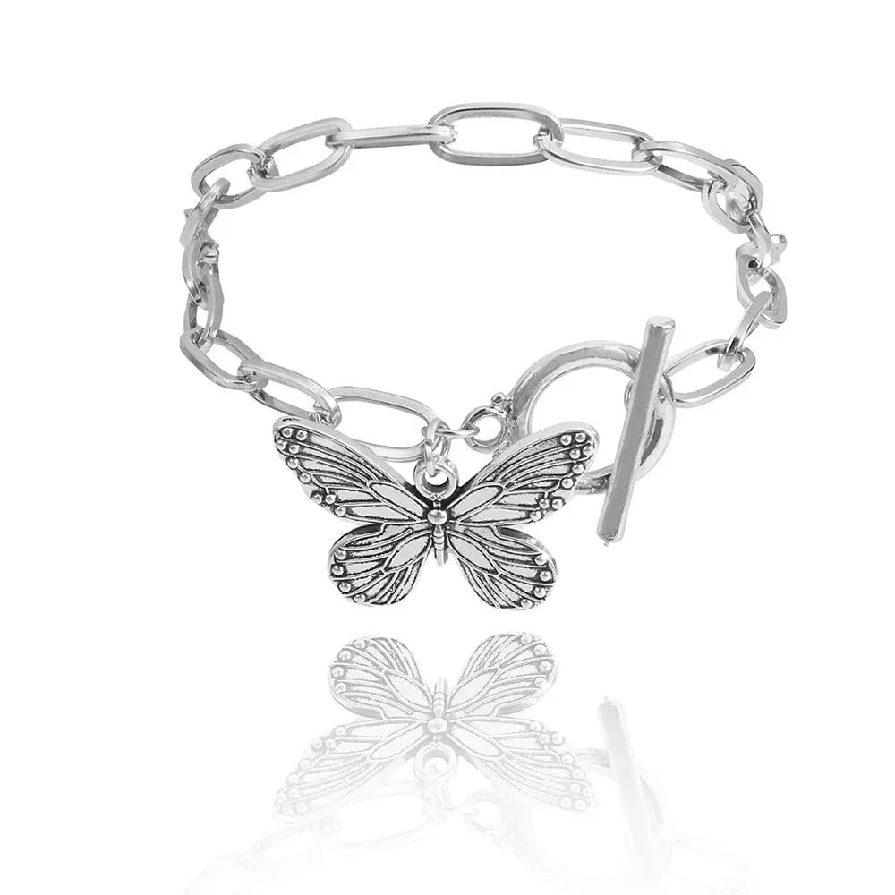 Silver butterfly pendant bracelet with a delicate chain and charming bowknot design