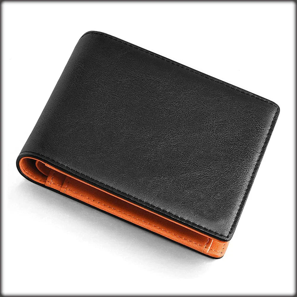 Premium Napa Leather Compact Wallet in Black and Orange Colours, Crafted in the UK for Discerning Gentlemen
