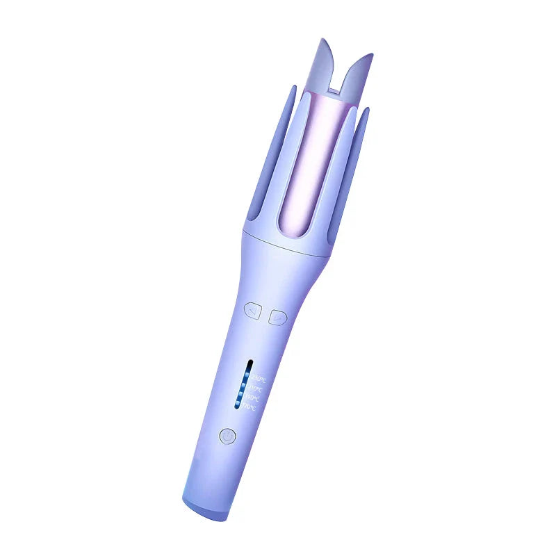 Auto-Rotating Ceramic Hair Styler in Pink, with adjustable temperature settings and dual voltage compatibility for worldwide use