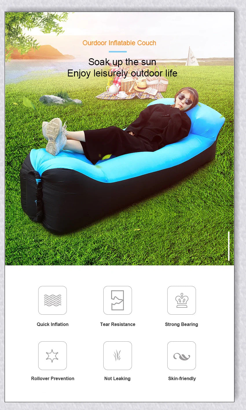 Outdoor Inflatable Couch in various vibrant colour options, perfect for relaxing in the garden, at the beach, or during a picnic