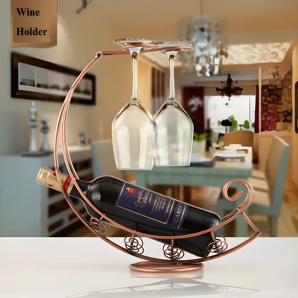 Prestige™ Hanging Wine & Glass Holder in black, copper, and gold finishes, a stylish kitchen accessory with a moon-shaped design