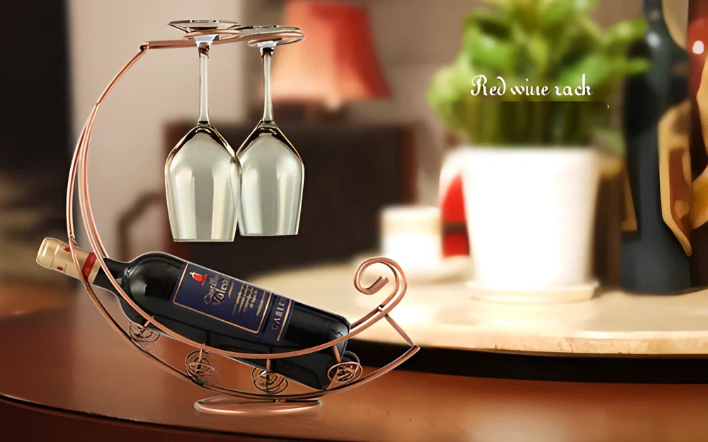 Prestige™ Hanging Wine & Glass Holder in black, copper, and gold finishes, a stylish kitchen accessory with a moon-shaped design