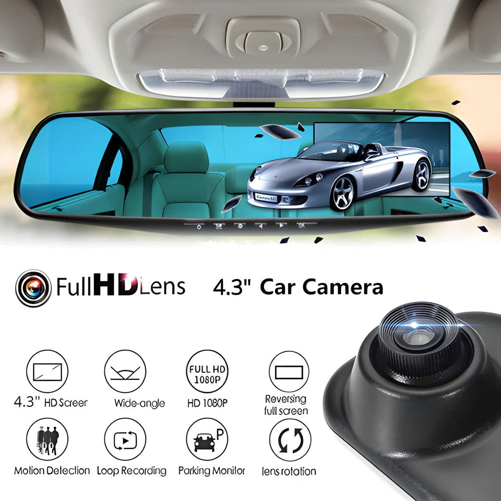 Premium 1080P HD Car Dash Cam with 4.3-Inch Digital Display - Discreet Rear-View Mirror Mount, Wide 170-Degree Viewing Angle, Automatic Collision Detection