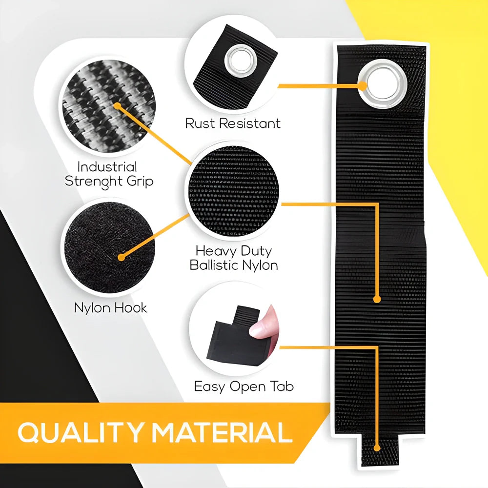 Heavy-Duty Hook & Loop Storage Organiser made of durable ballistic nylon with rust-resistant metal grommets for easy hanging and organisation in the home, garage, or workshop.