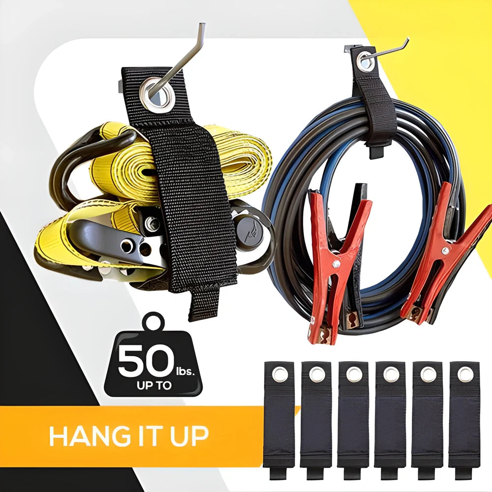 Heavy-Duty Hook & Loop Storage Organiser made of durable ballistic nylon with rust-resistant metal grommets for easy hanging and organisation in the home, garage, or workshop.