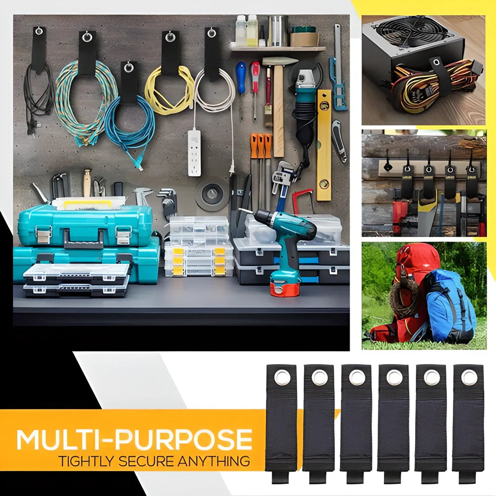 Heavy-Duty Hook & Loop Storage Organiser made of durable ballistic nylon with rust-resistant metal grommets for easy hanging and organisation in the home, garage, or workshop.